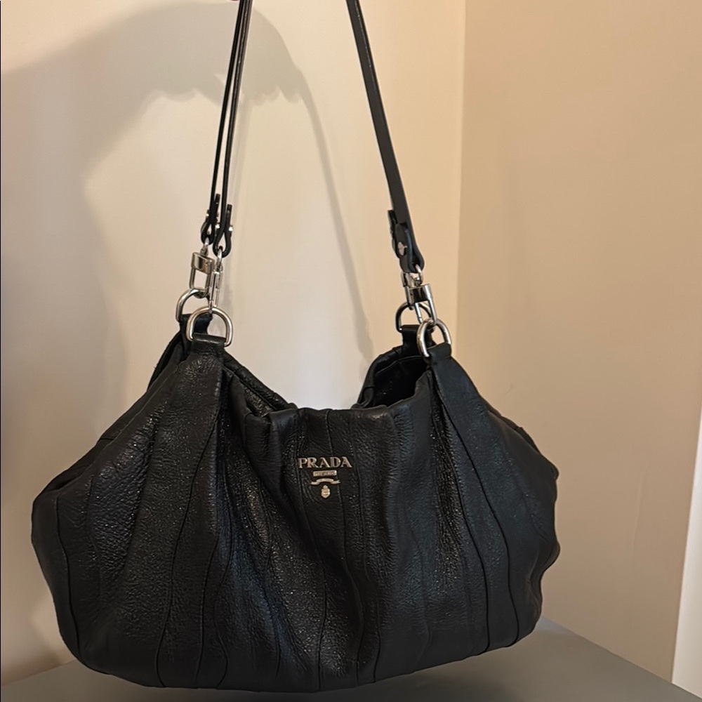 Prada Black Lambskin Hobo Bag with Silver Accents